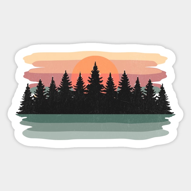 Retro Sunset with Forest Abstract Brush Strokes Design Sticker by Designed By Marty